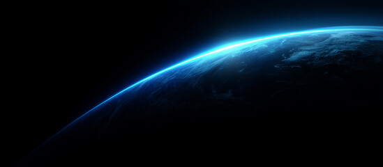 Blue glowing light beam on a black background with an earth shadow. Abstract blue gradient space background with a copy text area for design, banner, wallpaper, or poster. Stock photo, dark atmosphere