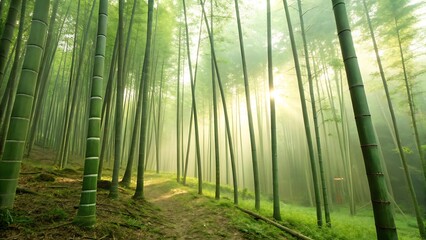 Fototapeta premium Sunlit Path Through a Verdant Bamboo Forest