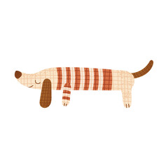 Obraz premium Knitted cute dog toy with striped body. Dachshund. Handmade soft decoration for home or gift. Vector illustration isolated on white background.