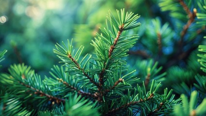 Vibrant green pine tree branches in a lush forest scene