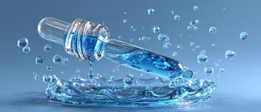 Goccia di liquido blu da un contagocce che cade in acqua con schizzi e bolle