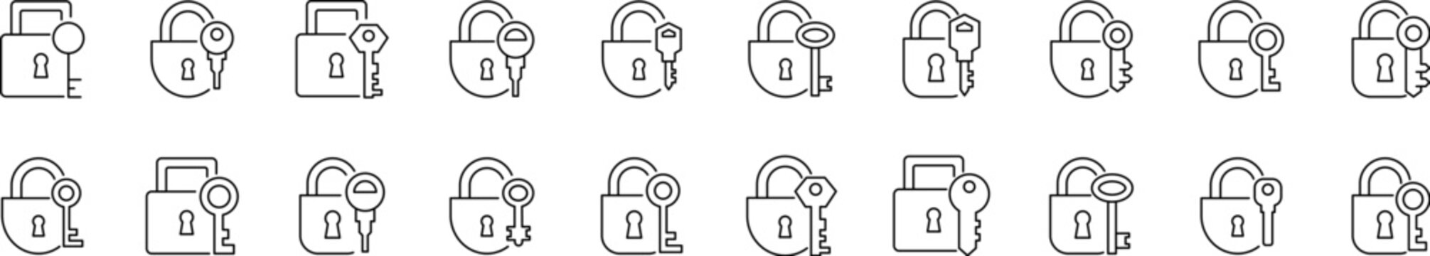 Collection of Line Icons of Key with Lock. Minimalistic Linear Pictogram for Web and Graphic Design, Apps, Banners, Social Network and Cards