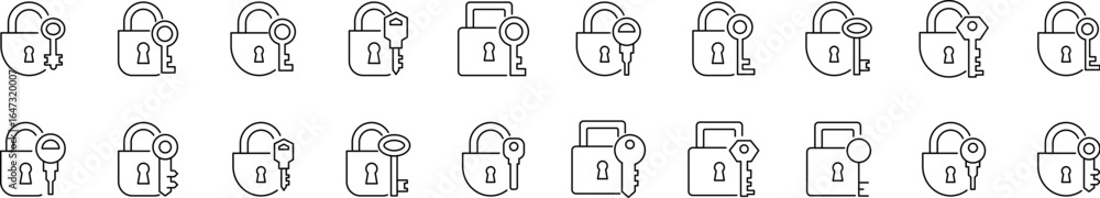 Poster key with lock outline web line icons collection. minimalistic linear pictogram for web and graphic d