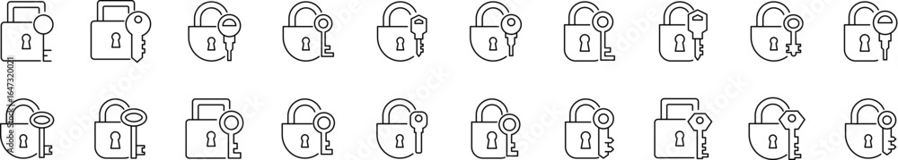 Poster simple linear icon of key with lock minimalistic linear pictogram for web and graphic design, apps, 