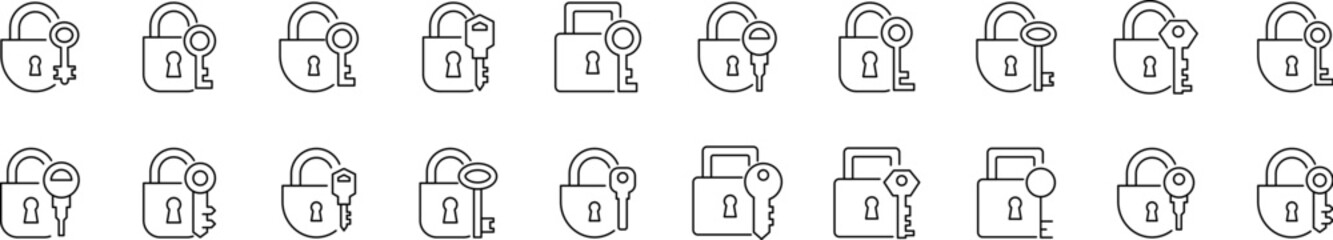 Key with Lock Outline Web Line Icons Collection. Minimalistic Linear Pictogram for Web and Graphic Design, Apps, Banners, Social Network and Cards
