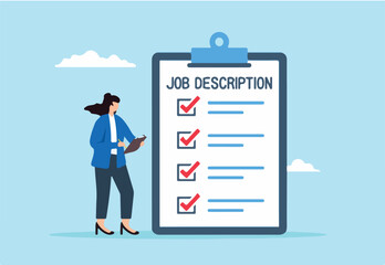 Flat illustration of employer write job description document on clipboard responsibility and qualification for employment