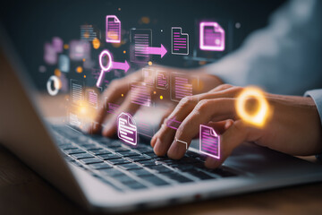 Businessman typing on laptop with floating checkmark and digital interface icons, close-up of hands working on keyboard with dark blue professional background.