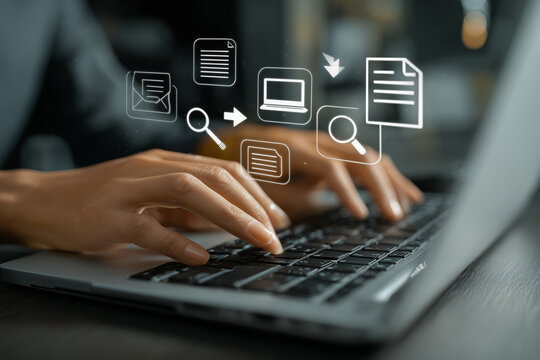 Businessman typing on laptop with floating checkmark and digital interface icons, close-up of hands working on keyboard with dark blue professional background.