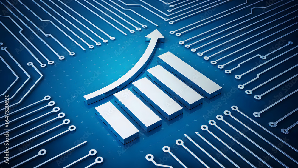 Poster blue technology background with circuit board lines and rising bar graph with arrow design