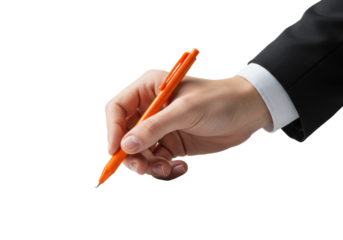 A well-groomed professional hand gently grasps a vibrant, sleek pen, poised over a transparent surface on a transparent background, symbolizing focus, strategy, and idea initiation