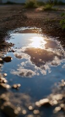 Obraz premium Golden Sunlight and Clouds Reflected in a Clear Puddle on a Muddy Path