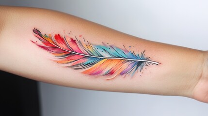 Watercolor feather tattoo with a mix of soft pastels and bold tones.