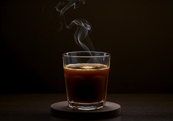 Steaming hot espresso in a glass, a moment of warmth and focus for a busy day