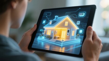 Person holding a tablet displaying a smart home with connected devices and energy flow visualization.