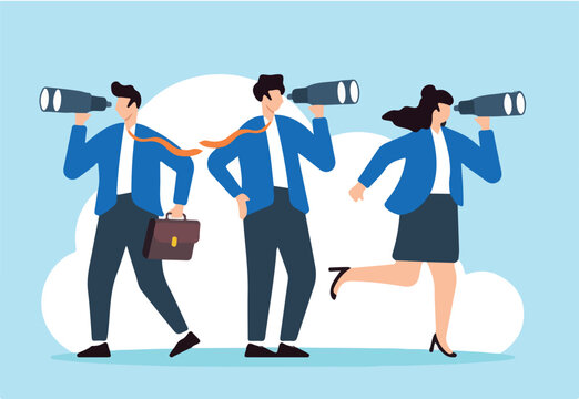 Flat illustration of business people use binoculars to search for new job opportunities inspecting for future career development
