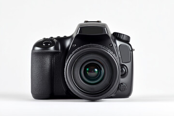 Black camera with lens isolated on white background for photography