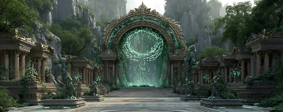 Cyber-mystic shrine with floating data rings and emerald robotic guardians