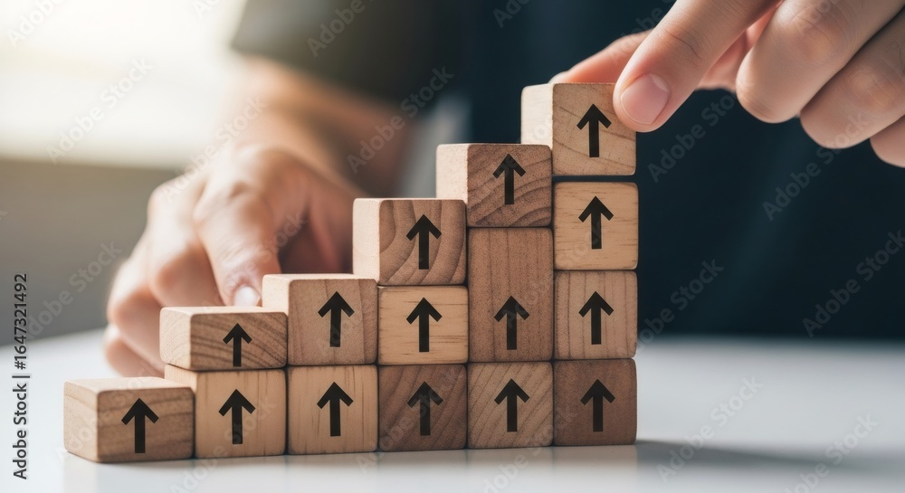 Poster man arranging wooden block to create a rising stair pattern with upward arrows. concept of business 
