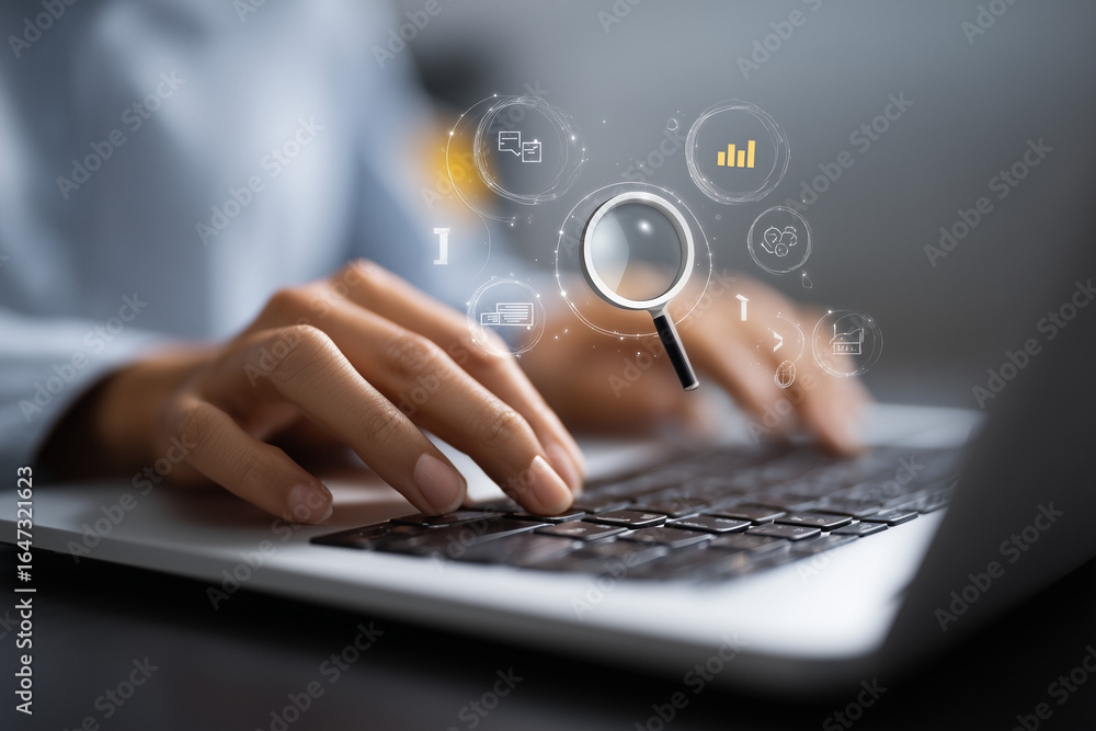 Poster businessman typing on laptop with floating checkmark and digital interface icons, close-up of hands 