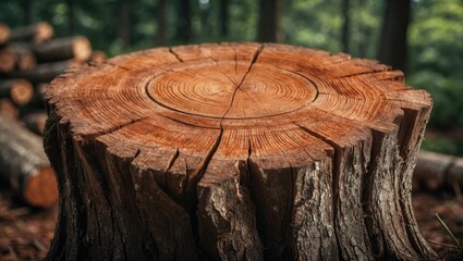 Close-up of a tree stump in a forest. Natural wood texture and growth rings. Timber and forestry, concept. Wood and nature. The concept of trees and logging.