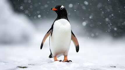 Fototapeta premium Penguin walking on uneven snow surface, tiny snow particles kicked up with each step, captured in motion