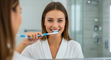 Happy young woman brushing her teeth in the bathroom, dental hygiene concept
