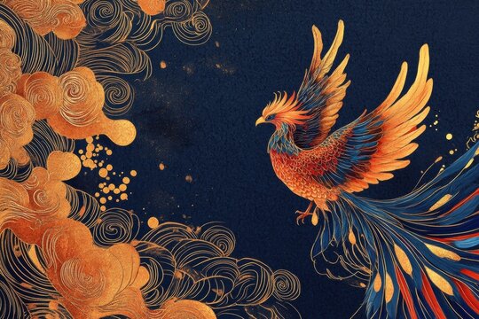 A mythical bird rises amidst swirls of cloud designs, painted with fiery oranges, blues, and gold against a textured navy backdrop.