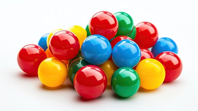 Pile of colorful plastic balls in red, blue, green, and yellow shades, isolated on a clean white background for playful design