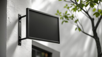 Empty digital signage or display screen mounted on an exterior wall with greenery in the background.