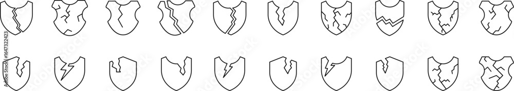 Poster simple linear icon of broken shield. minimalistic linear pictogram for web and graphic design, apps,