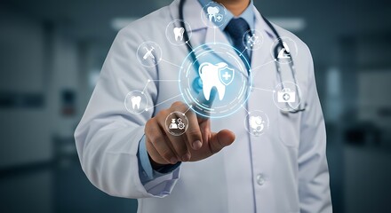 Doctor touching a digital interface representing dental care and medical technology