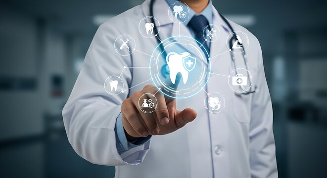 Doctor touching a digital interface representing dental care and medical technology