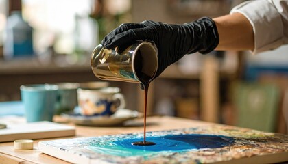 Obraz premium Hand Pouring Dark Brown Liquid On Abstract Blue Painting