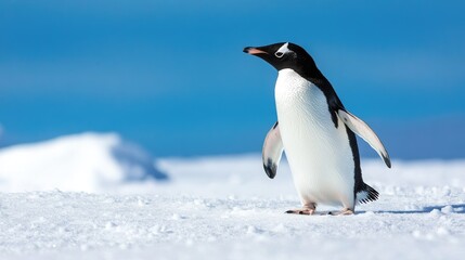 Fototapeta premium Side view of a penguin walking through snow, flippers slightly spread for balance, with blue sky backdrop