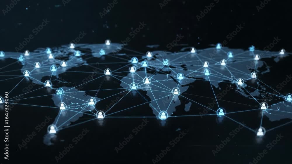 Poster global network connection - an abstract animation depicts a global network of interconnected people,