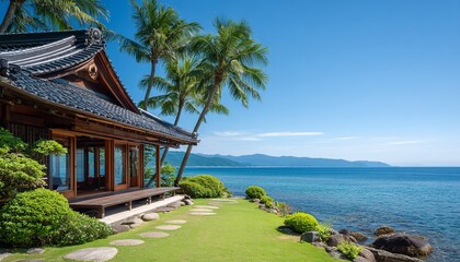 海辺のモダンな和風別荘、オーシャンビューとヤシの木