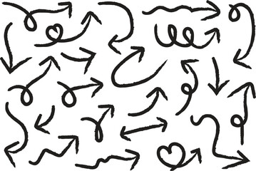 Hand drawn arrow set vector illustration, doodle sketch style curved and wavy arrows, playful black and white directional icons for navigation, design elements, and creative projects