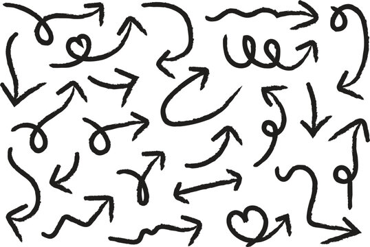 Hand drawn arrow set vector illustration, doodle sketch style curved and wavy arrows, playful black and white directional icons for navigation, design elements, and creative projects - Powered by Adobe