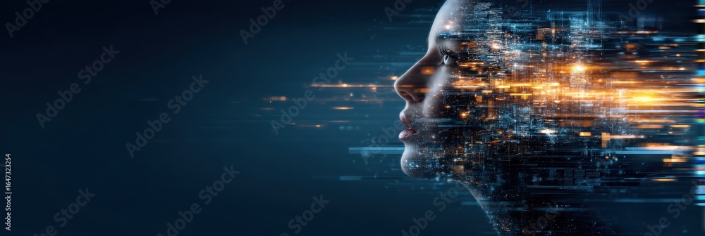 Poster a futuristic portrait blending human features with digital elements, showcasing the intersection of 