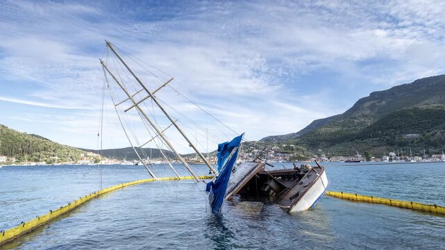 sunken yacht on the rocky coast in ithaca 