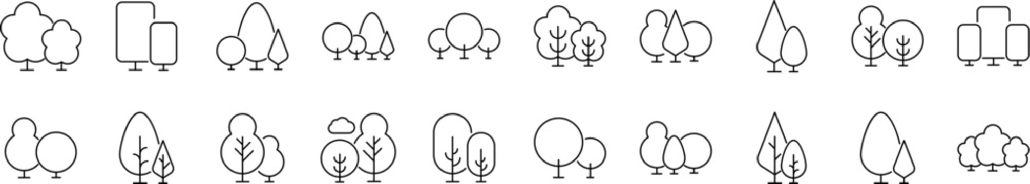 Wood Line Icon Set. Trees Outline Signs for Graphic and Web Design, Apps, Adverts, Various Cards