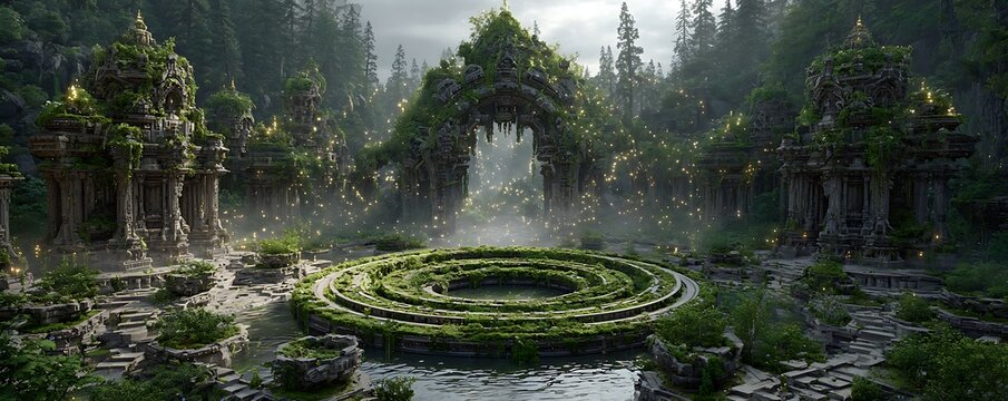Cyber-mystic shrine with floating data rings and emerald robotic guardians