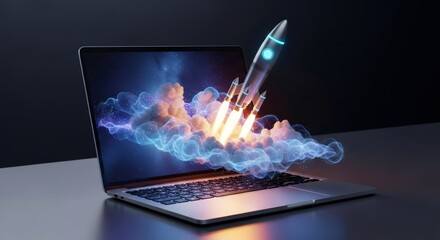 A rocket launching from a laptop screen with digital smoke and glowing particles. Business startup and technology innovation.
