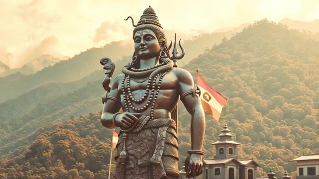 indian culture footage with shiva statue, temple and gorgeous landscape; high mountain covered in mist