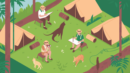 Fototapeta premium Isometric Illustration of People Camping with Tents, Wildlife, and Trees in a Forest