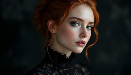 Fototapeta premium Portrait of elegant young woman with red hair wearing a black lace outfit.