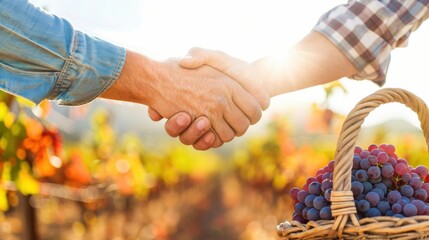 Agricultural Partnership Handshake in Sunny Vineyard with Fresh Grapes