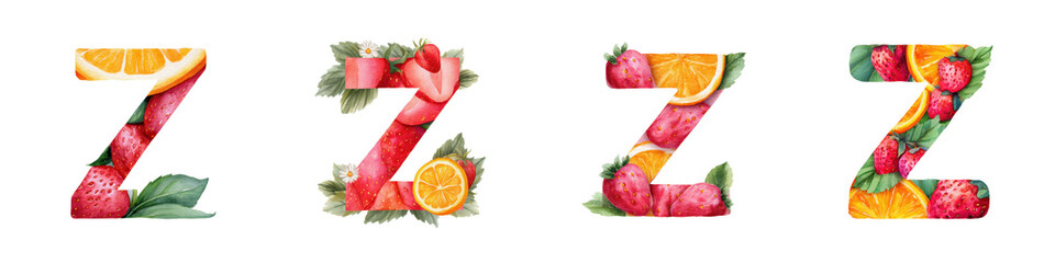 Four watercolor uppercase 'Z' letters filled with vibrant strawberries juicy orange slices and green leaves