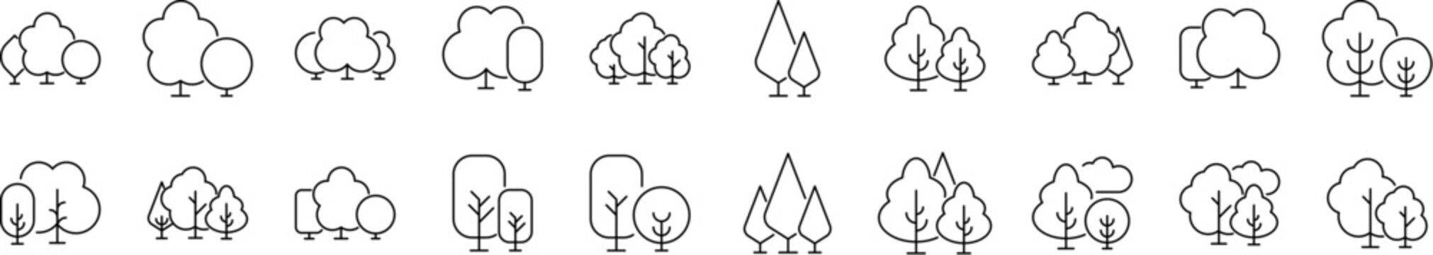 Trees in Forest Outline Web Line Icons Collection. Minimalistic Linear Pictogram for Web and Graphic Design, Apps, Banners, Social Network and Cards