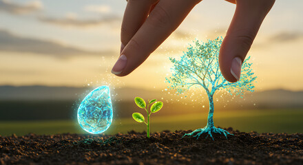 Green Sprout Being Grown with Blue Water Drop and Hand